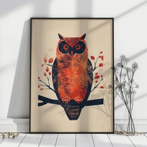 Gufo rustico su ramo - Stampa astratta di fauna selvatica di metà secolo - Arte della natura arancione e rossa vibrante - Stampa poster