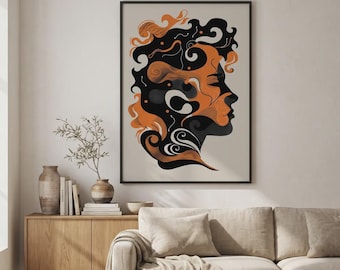 Abstracte silhouetportretposter, maximalistische oranje-zwarte muurdecoratie
