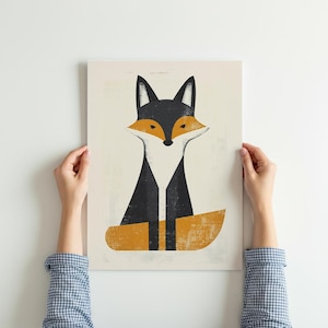Stampa artistica di volpe scandinava, poster minimalista di animali del bosco, decorazione da parete per cameretta nordica, illustrazione di cameretta per neonati in arancione ruggine e nero