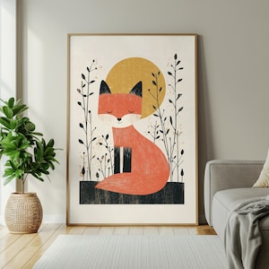 Decorazione murale minimalista con volpe dorata: poster con fauna selvatica scandinava, arredamento nordico, regalo ispirato alla natura