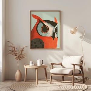 Stampa di gufo di metà secolo, arte murale di uccelli colorati, illustrazione di fauna selvatica retrò, poster di animali vintage, arredamento per la casa scandinavo, arte astratta di gufo