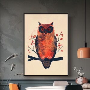 Rustic Glow – Vintage Owl Wall Art – Bold Orange and Black Woodland Illustration – Digital Download