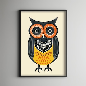 Geometric Owl Charm - Retro Woodland Animal Art - Black, Yellow, and Orange Owl Poster - Digital Download Wall Art