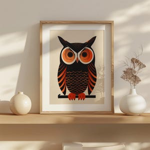Midnight Gaze - Retro Owl Wall Art - Bold Black and Orange Illustration - Minimalist Decor - Digital Download