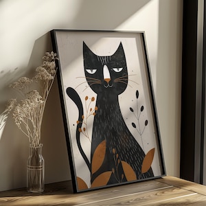 Modern Boho Black Cat Illustration: Minimalist Feline Art Print with Plants, Whimsical Wall Decor Download