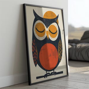 Sleepy Owl Illustration - Mid-Century Animal Art Print - Retro Boho Bird Poster - Minimalist Orange and Black Wall Art - Digital Download