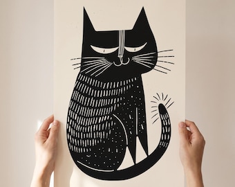 Minimalist Black Cat Illustration Art Print: Zen Home Decor