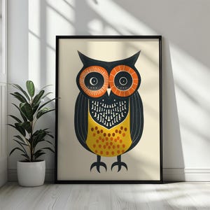 Stampa artistica di gufo geometrico, poster nero e giallo, moderna arte murale raffigurante la fauna selvatica, illustrazione minimalista di uccello, animale astratto