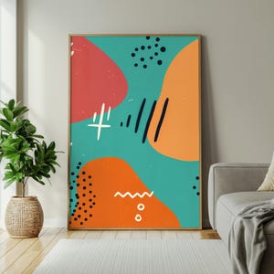 Stampa artistica da parete astratta retrò, poster colorato in stile Memphis, forme moderne di metà secolo, grafica audace per l'arredamento di soggiorno o ufficio.
