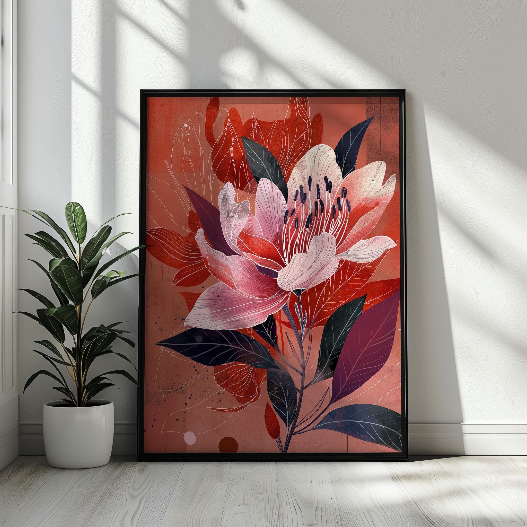 Blooming Radiance - Abstract Floral Botanical Art Print - Vibrant Red and Pink Flower Design – Poster Print