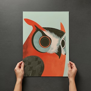 Abstract Owl Digital Art Print – Bold Teal and Orange Wildlife Illustration – Contemporary Minimalist Bird Decor – Instant Download