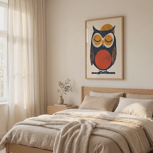 Eulen-Kunstdruck, Eulen-Wandbild im Mid-Century-Stil, Vintage-Vogelposter, skandinavisches Design, Naturdekor