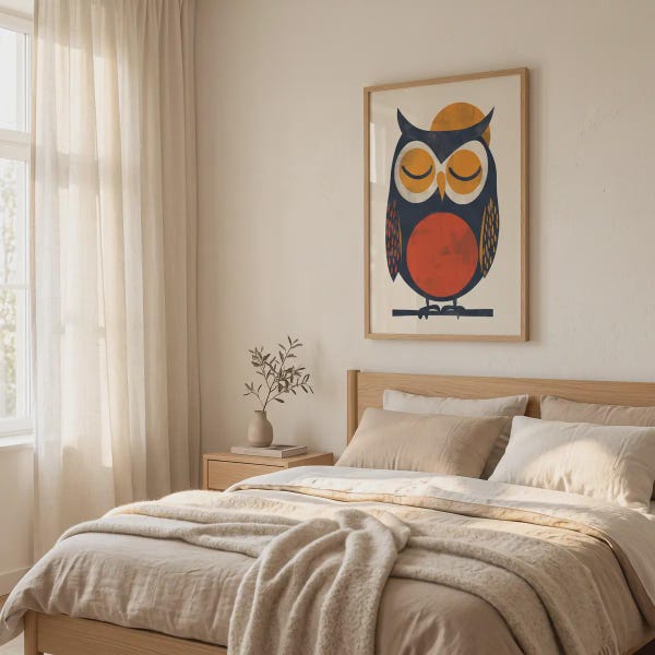Owl Art Print, Mid-Century Owl Wall Art, Vintage Bird Poster, Scandinavian Design, Nature Decor