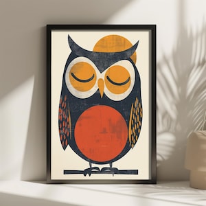 Mid Century Eule Druck, Vintage Retro Vogel Poster, Skandinavische Kunst, minimalistische Tier Wanddekoration, Boho Kunstwerk