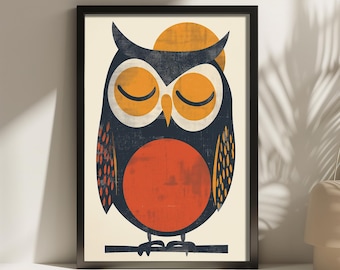 Mid Century Owl Print, Vintage Retro Bird Poster, Scandinavian Wildlife Art, Minimalist Animal Wall Decor, Boho Home Artwork