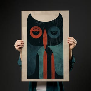 Stampa di gufo di metà secolo, arte murale astratta di animali, illustrazione di uccelli vintage, poster retrò di fauna selvatica, arredamento per la casa scandinavo, stampa artistica minimalista