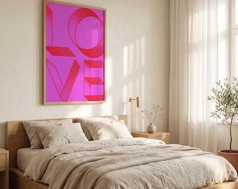 LOVE Typography Print, Bold Pink Red Wall Art, Modern Anniversary Gift Poster