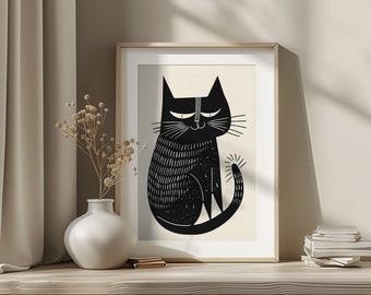 Black Cat Art Print – Minimalist Feline Illustration (Digital Download)