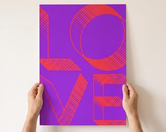 Póster con tipografía LOVE de estilo pop art, decoración de pared en rojo y rosa intensos, póster gráfico moderno con mensaje.