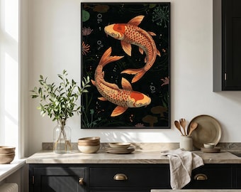 Koi Fish Art Print: Yin Yang Gold & Orange Japanese Zen Decor Poster