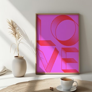 Impresión artística con tipografía de amor vibrante: decoración de pared de arte pop moderno en rosa y rojo intenso
