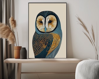 Sage Owl Art Print: Bohemian Wildlife Vintage Bird Illustration for Elegant Home Decor Wall Art, Nature-Inspired Gift