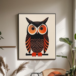 The Watchful Owl - Arte minimalista della fauna selvatica in nero e arancione - Stampa moderna di animali scandinavi - Stampa di poster