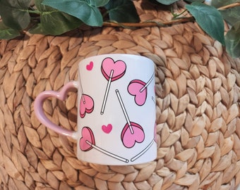 Pink porcelain mug with heart handle sublimation of hearts popsicles