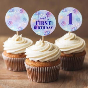 Space Cupcake Toppers | First Trip Around The Sun | 1st Birthday Cupcake Toppers | Astronaut Party | Editable Printable Party Decor