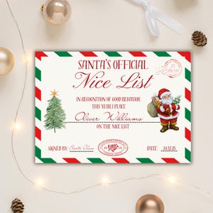 May include: A Christmas-themed certificate with red and green borders. The text reads "SANTA'S OFFICIAL Nice List" with a watercolor illustration of Santa Claus and a Christmas tree. The certificate is signed by Santa Claus.