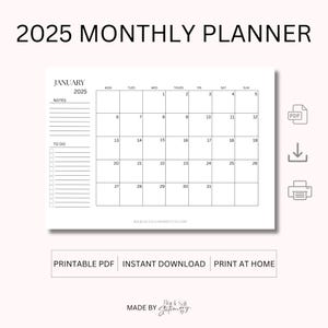 2025 Calendar 2025 Monthly Planner on One Page Landscape Monthly Organiser Monthly Agenda Month At a Glance A4 and A5 PRINTABLE PDF