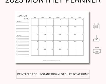 Calendario 2025 Planificador mensual 2025 en una página Organizador mensual horizontal Agenda mensual Resumen del mes A4 y A5 PDF IMPRIMIBLE