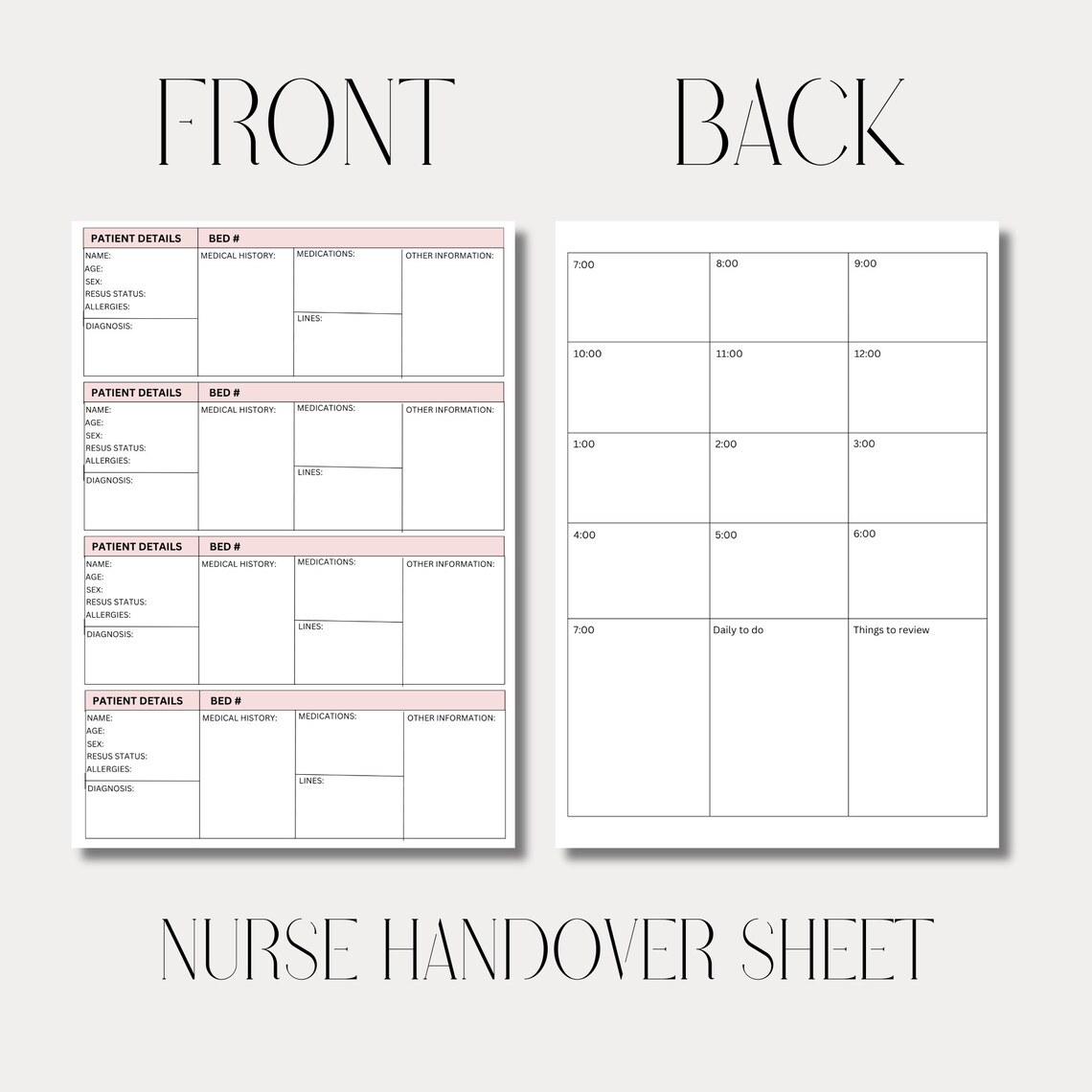 4 Patient Nurse Handover Sheet Four Patient Details and Hourly Shift ...