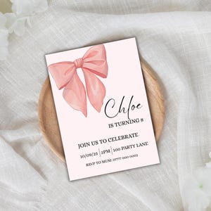 Pink Bow Invitation, Coquette Birthday Girl Invite, Editable Bow Invitation, Pink Bow Party, Girls Birthday Party Invitation, Party Invite