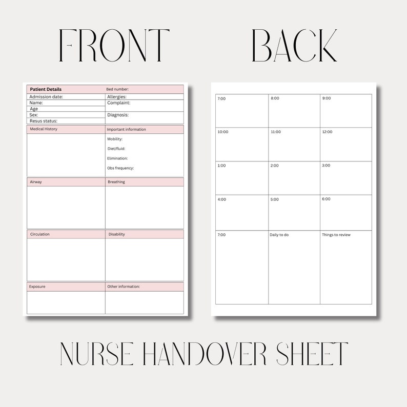 Nurse Report Sheet, Patient Details & Hourly Shift Planner, ICU Nurse