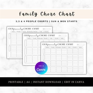 Family Chore Chart Printable | Weekly Chore Planner | Kids Chore Chart | Minimalist Chore Chart for 2, 3, 4 People | Sunday & Monday Start
