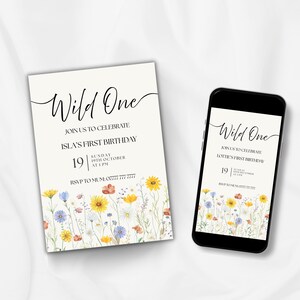 Wild One Invitation, Editable Girls First Birthday Invite, Wildflower Birthday Party, Printable 1st Birthday Invitation, Wildflower Theme