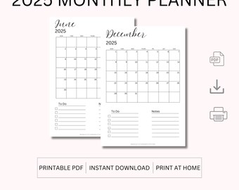 Calendario 2025 Planificador mensual 2025 en una página Organizador mensual vertical Agenda mensual Mes de un vistazo Lista de tareas pendientes A4 A5 PDF IMPRIMIBLE
