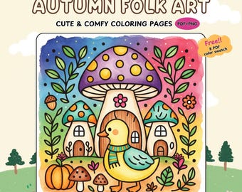 Autumn Folk Art Coloring Pages | Cozy Fall Harvest Illustrations for Adults & Kids | Digital Download