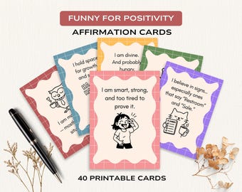 Grappige positieve affirmatiekaarten | 40 afdrukbare humoristische citaten voor positiviteit | Opbeurend digitaal zelfzorgcadeau