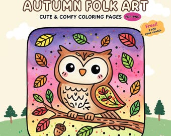Autumn Folk Art Coloring Pages | Cozy Fall Harvest Illustrations for Adults & Kids | Digital Download