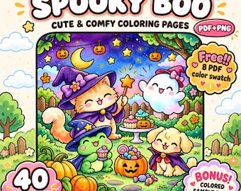 Może przedstawiać: Cyfrowa okładka kolorowanki zatytułowana SPOOKY BOO CUTE & COMFY COLORING PAGES przedstawiająca kota, żabę i psa w strojach czarownic, ducha, dynie i słodycze. Zawiera informacje o 40 stronach, formacie PDF+PNG oraz darmowych próbkach.