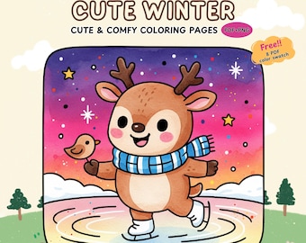 Cute Winter Coloring Pages | 45 Cozy Snowy Scenes with Adorable Animals & Holiday Cheer | PDF + PNG | Digital Download