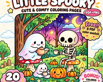 Little Spooky Halloween Coloring Book, 20 Cute Ghost, Skeleton and Cat Coloring Pages, Printable PDF & PNG