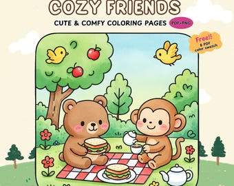 Cozy Friends Coloring Pages | Bear, Bunny, Monkey (Digital Download)