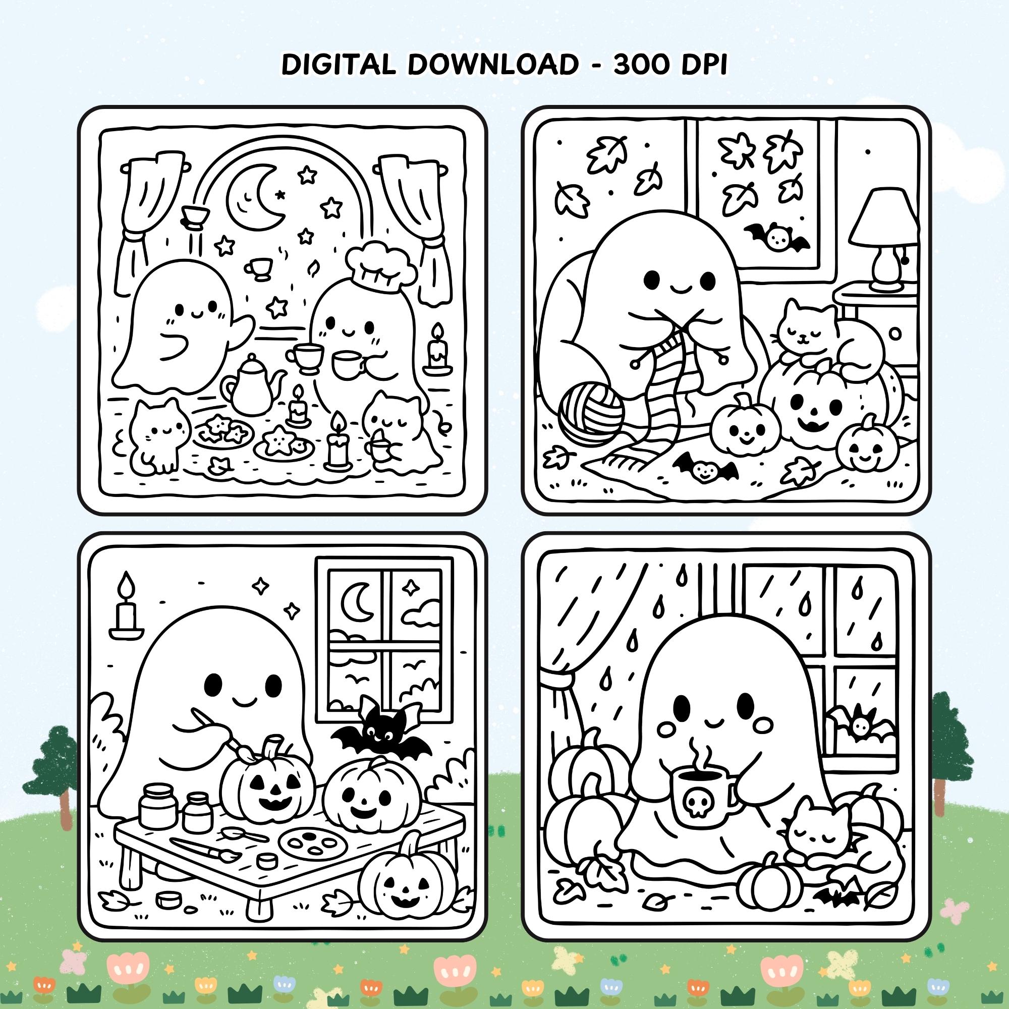 Spooky Cute Coloring Pages PDF PNG | Cozy and Comfy Halloween Coloring ...