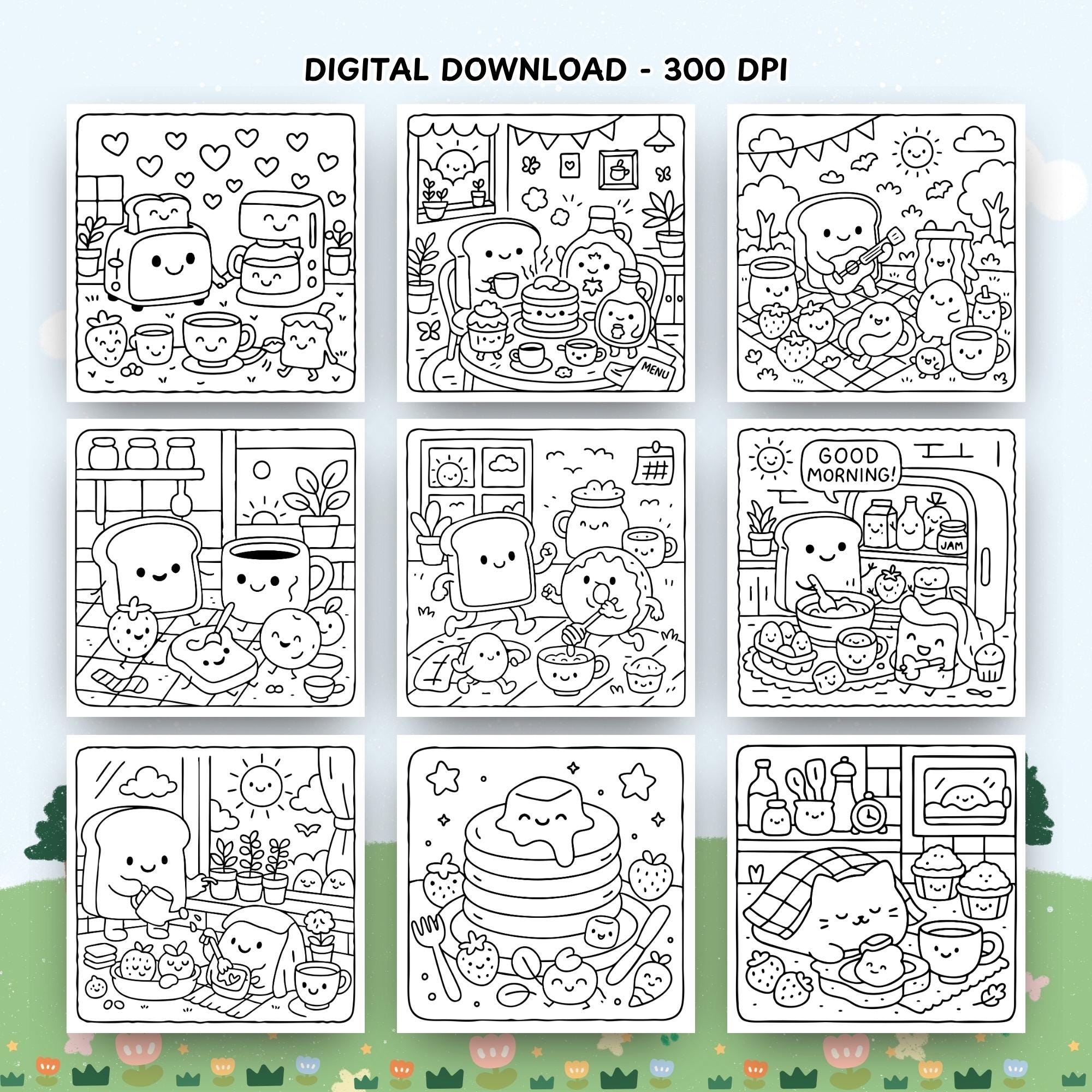 Breakfast Club Coloring Pages: 45 Kawaii Food Art (PDF + PNG) - Etsy