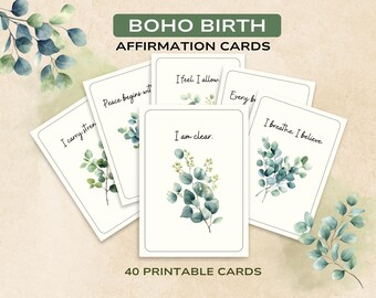 Boho Birth Affirmation Cards: Watercolor Eucalyptus, Pregnancy Labor Support (Digital Download)