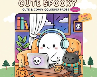 May include: A digital illustration of a cute ghost wearing headphones, using a laptop with a skull on the screen, and a black cat wearing a scarf. The image is titled "Cute Spooky" and includes the text "Cute & Comfy Coloring Pages".