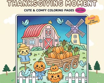 Cute Thanksgiving Moment Coloring Pages | Adorable Fall Holiday Art for Kids & Adults | Digital Download